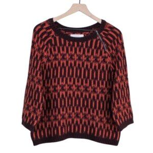 Loft Mod Pattern Pullover Crewneck 3/4 Sleeve Sweater Red and Brown Large